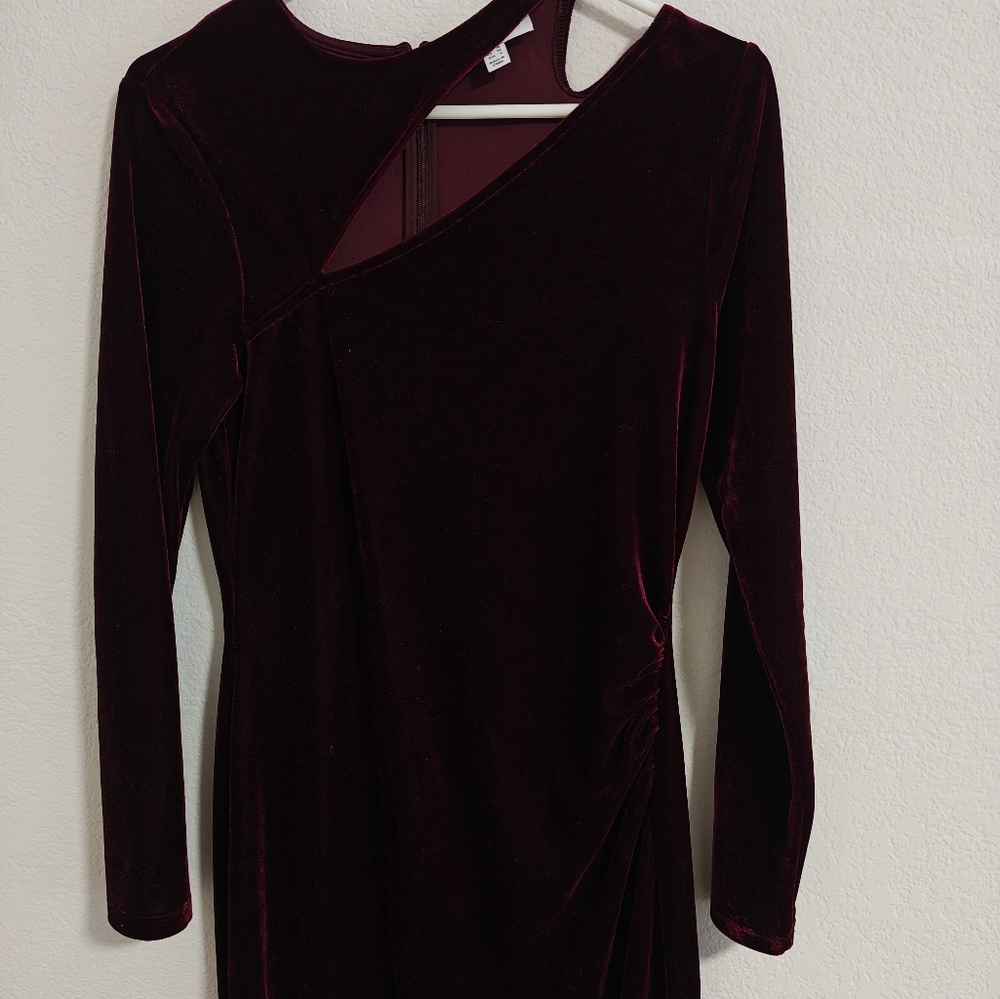 Reiss Velvet Long Sleeve Dress in Deep Burgundy